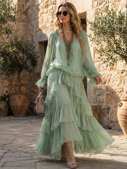 Effortless Mint Green Tiered Ruffle Maxi Dress for Women with V Neck Bishop Sleeve Flowing Bohemian Style