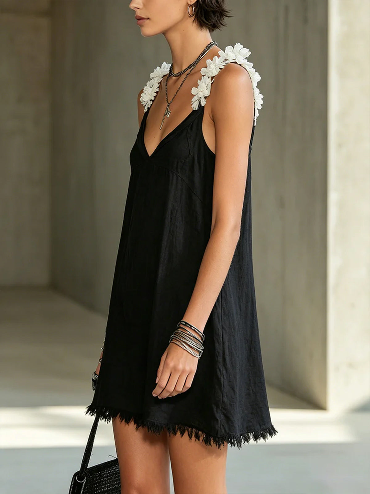 Stylish Black Mini Dress for Women with V Neck Spaghetti Strap Frayed Trim Slip Style