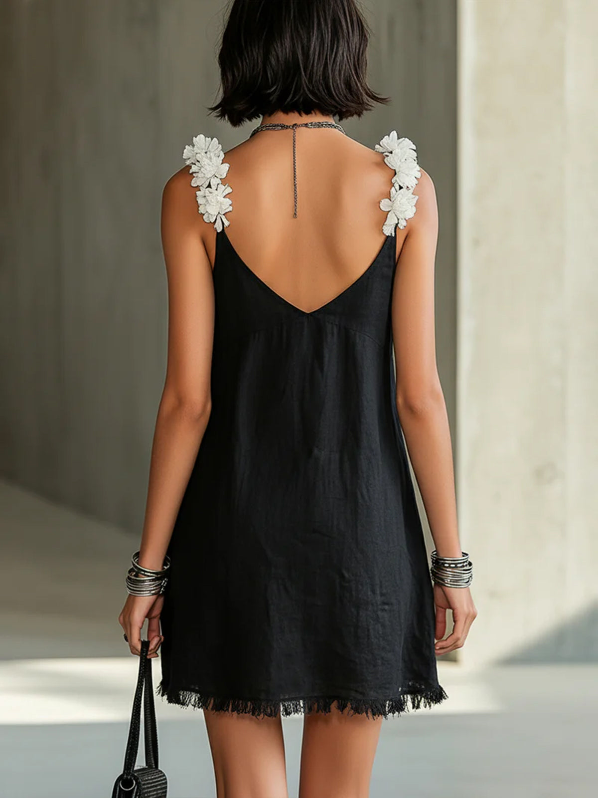 Stylish Black Mini Dress for Women with V Neck Spaghetti Strap Frayed Trim Slip Style