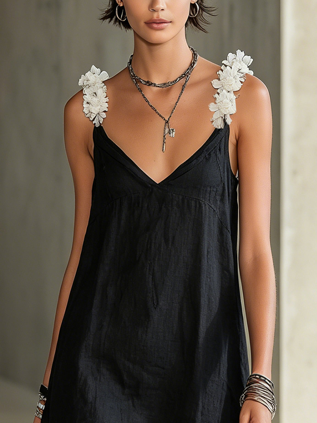 Stylish Black Mini Dress for Women with V Neck Spaghetti Strap Frayed Trim Slip Style