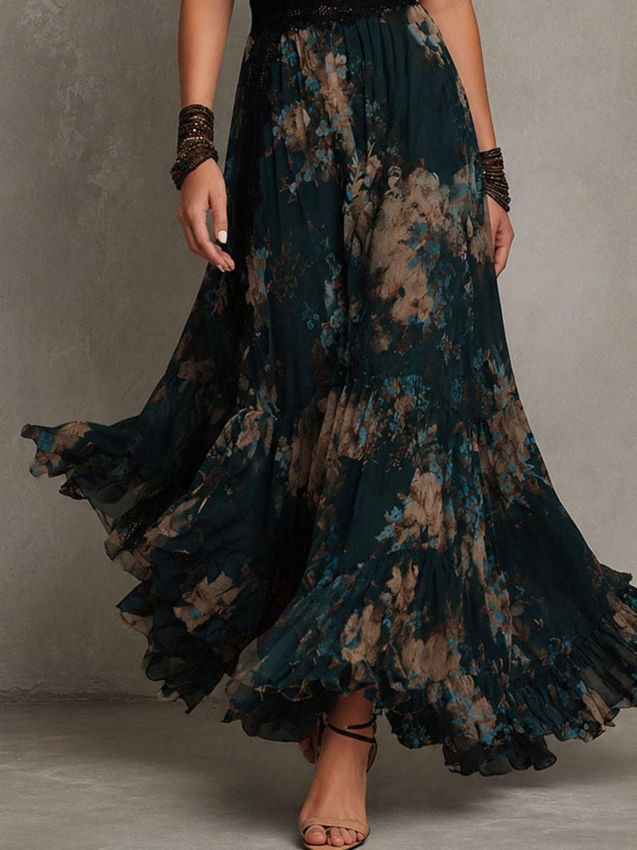 Elegant Dark Green Floral Maxi Dress for Women with V Neck Ruffle Sleeve Lace Trim Tiered Bohemian Style