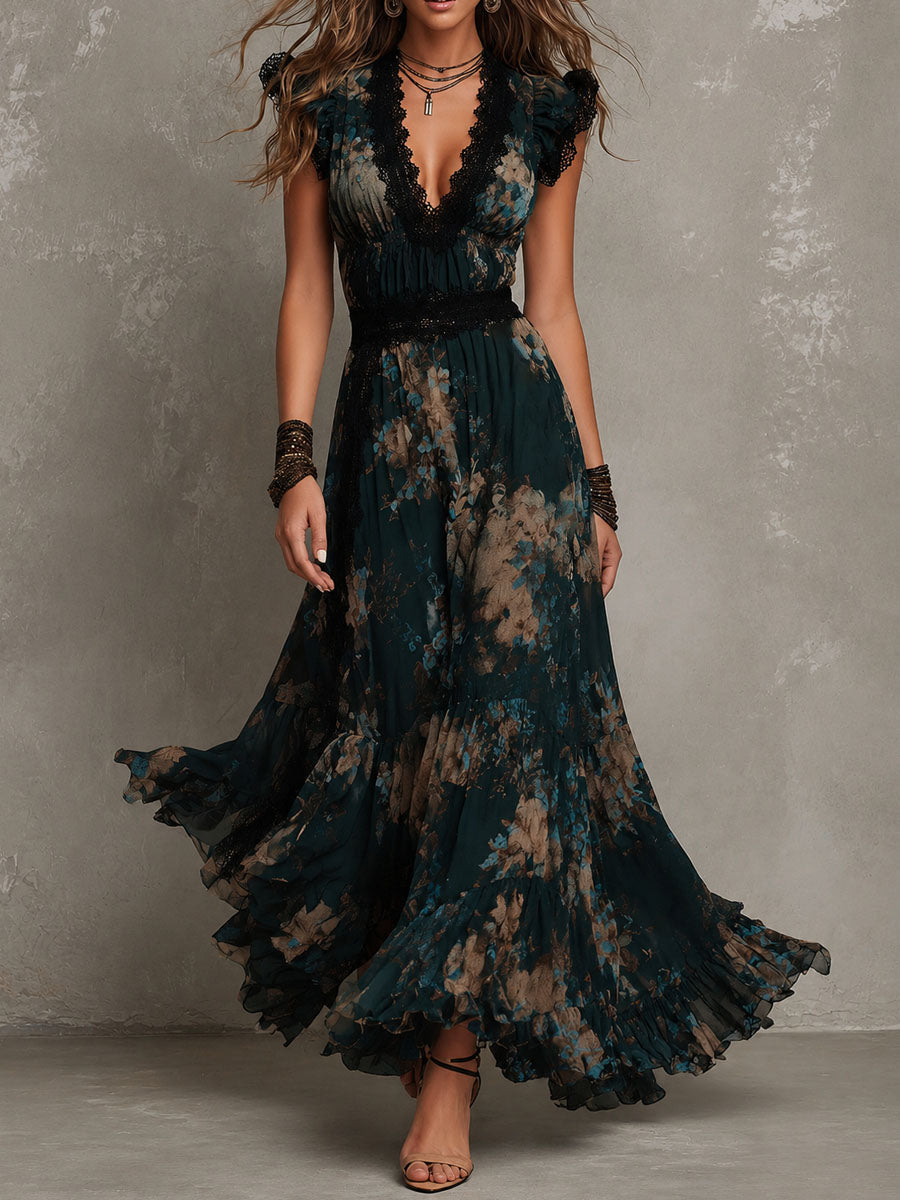 Elegant Dark Green Floral Maxi Dress for Women with V Neck Ruffle Sleeve Lace Trim Tiered Bohemian Style