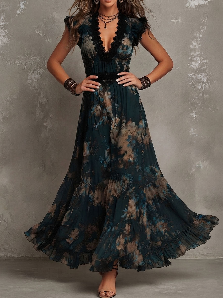 Elegant Dark Green Floral Maxi Dress for Women with V Neck Ruffle Sleeve Lace Trim Tiered Bohemian Style