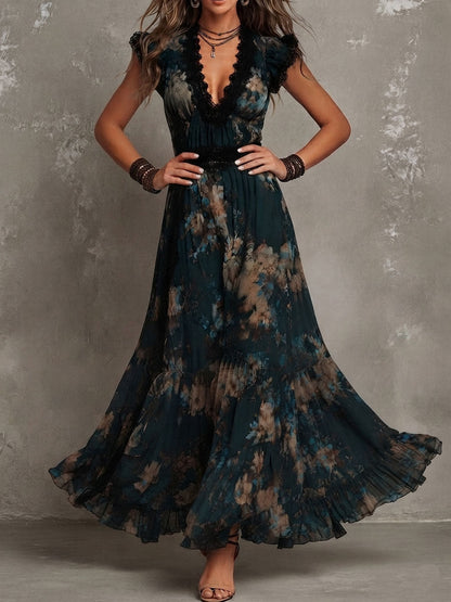 Elegant Dark Green Floral Maxi Dress for Women with V Neck Ruffle Sleeve Lace Trim Tiered Bohemian Style