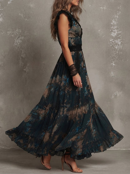 Elegant Dark Green Floral Maxi Dress for Women with V Neck Ruffle Sleeve Lace Trim Tiered Bohemian Style
