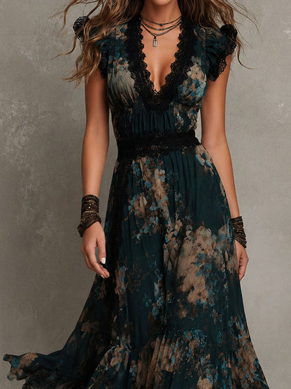 Elegant Dark Green Floral Maxi Dress for Women with V Neck Ruffle Sleeve Lace Trim Tiered Bohemian Style