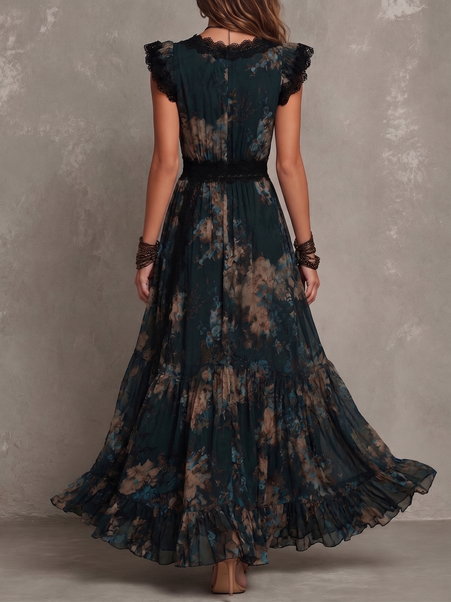 Elegant Dark Green Floral Maxi Dress for Women with V Neck Ruffle Sleeve Lace Trim Tiered Bohemian Style