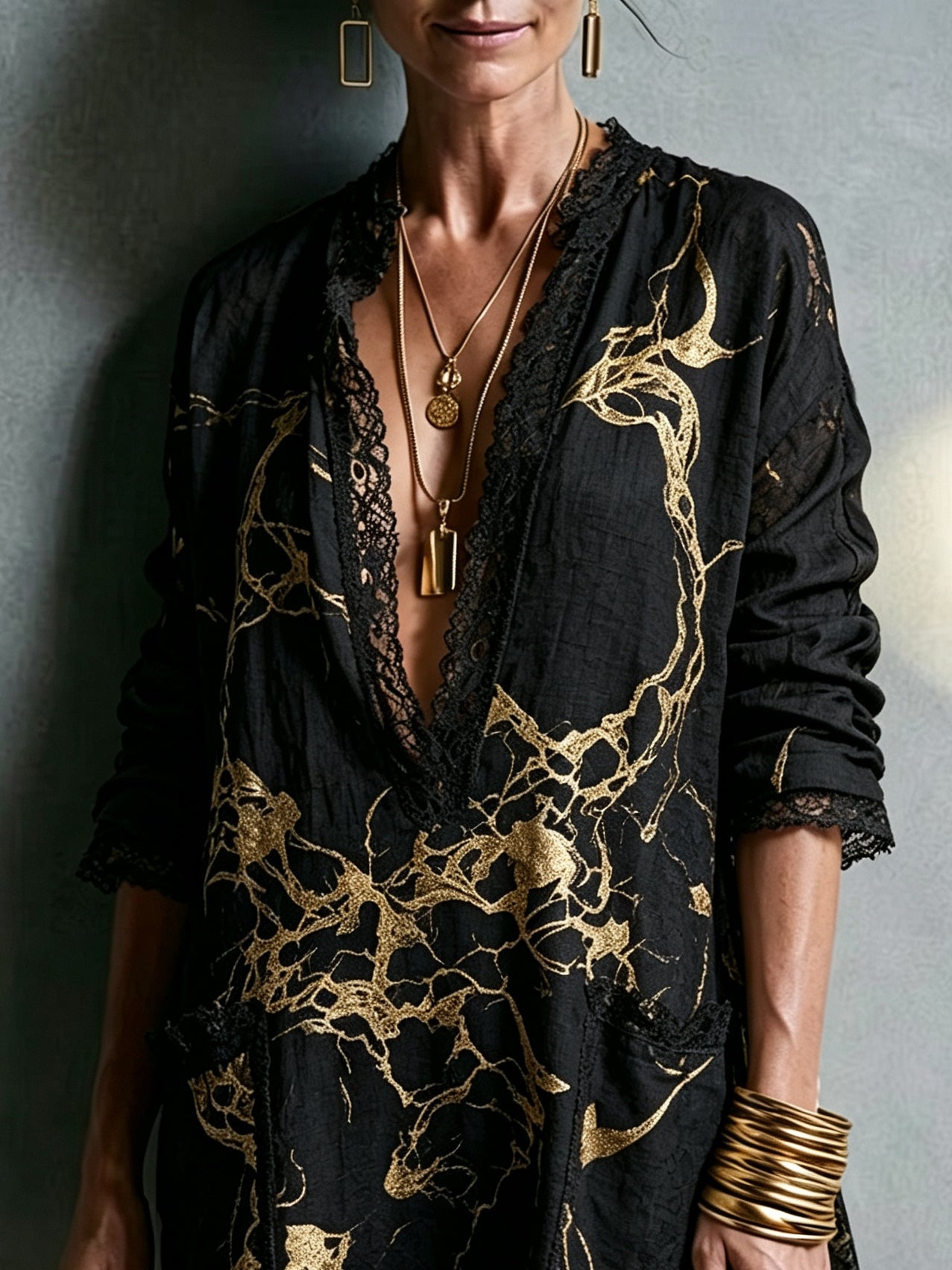 Effortless Black Baroque Print Two Piece Set for Women with Button Down Blouse Flowing Shorts