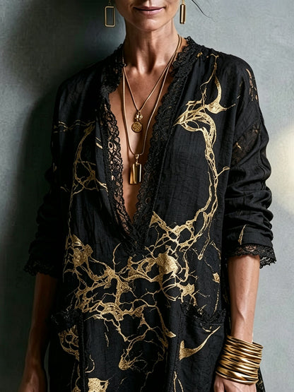 Effortless Black Baroque Print Two Piece Set for Women with Button Down Blouse Flowing Shorts