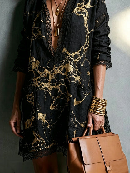 Effortless Black Baroque Print Two Piece Set for Women with Button Down Blouse Flowing Shorts