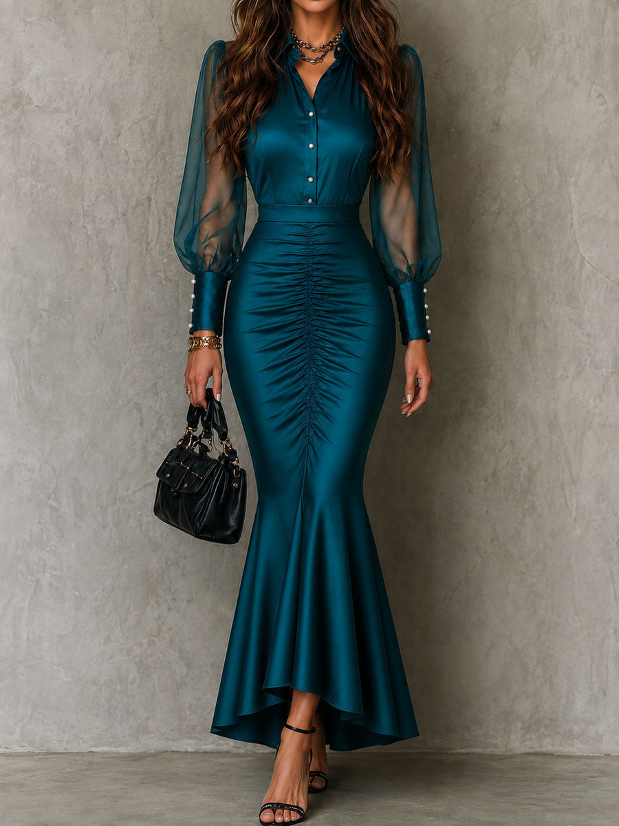 Elegant Teal Satin Mermaid Maxi Dress for Women with Long Sleeve Ruched Bodice Formal Wedding Guest Style