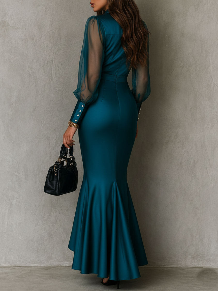 Elegant Teal Satin Mermaid Maxi Dress for Women with Long Sleeve Ruched Bodice Formal Wedding Guest Style