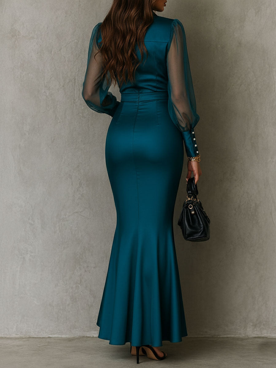 Elegant Teal Satin Mermaid Maxi Dress for Women with Long Sleeve Ruched Bodice Formal Wedding Guest Style