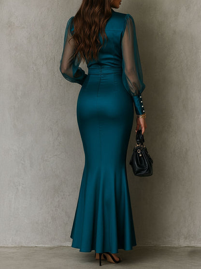 Elegant Teal Satin Mermaid Maxi Dress for Women with Long Sleeve Ruched Bodice Formal Wedding Guest Style