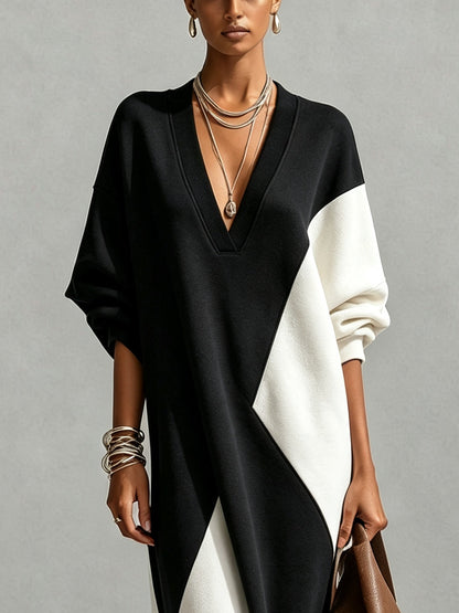 Effortless Black Colorblock Kaftan Maxi Dress for Women with V-Neck Batwing Sleeve Flowing Silhouette