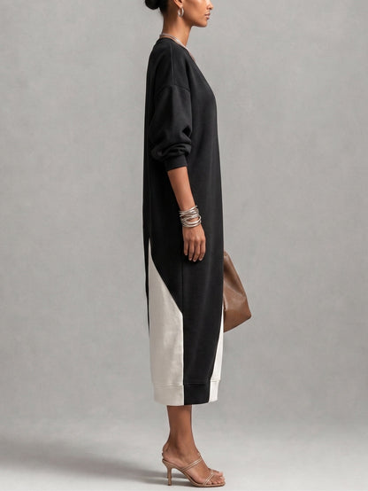 Effortless Black Colorblock Kaftan Maxi Dress for Women with V-Neck Batwing Sleeve Flowing Silhouette