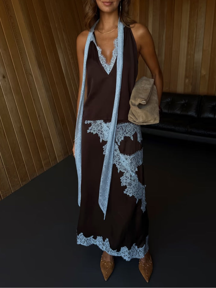 Elegant Brown Lace Maxi Dress for Women with Halter V Neck Sleeveless Contrast Trim Flowing Style