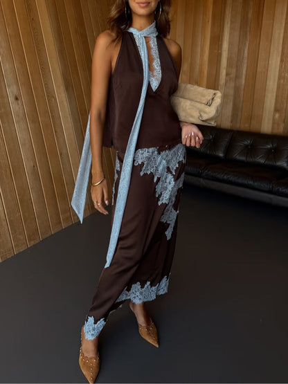 Elegant Brown Lace Maxi Dress for Women with Halter V Neck Sleeveless Contrast Trim Flowing Style