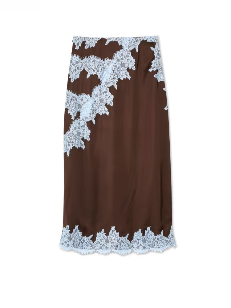 Elegant Brown Lace Maxi Dress for Women with Halter V Neck Sleeveless Contrast Trim Flowing Style