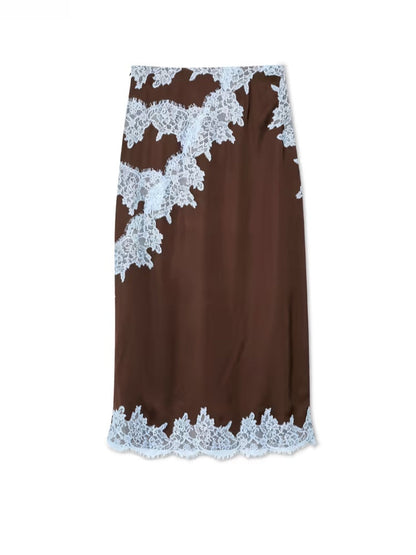 Elegant Brown Lace Maxi Dress for Women with Halter V Neck Sleeveless Contrast Trim Flowing Style