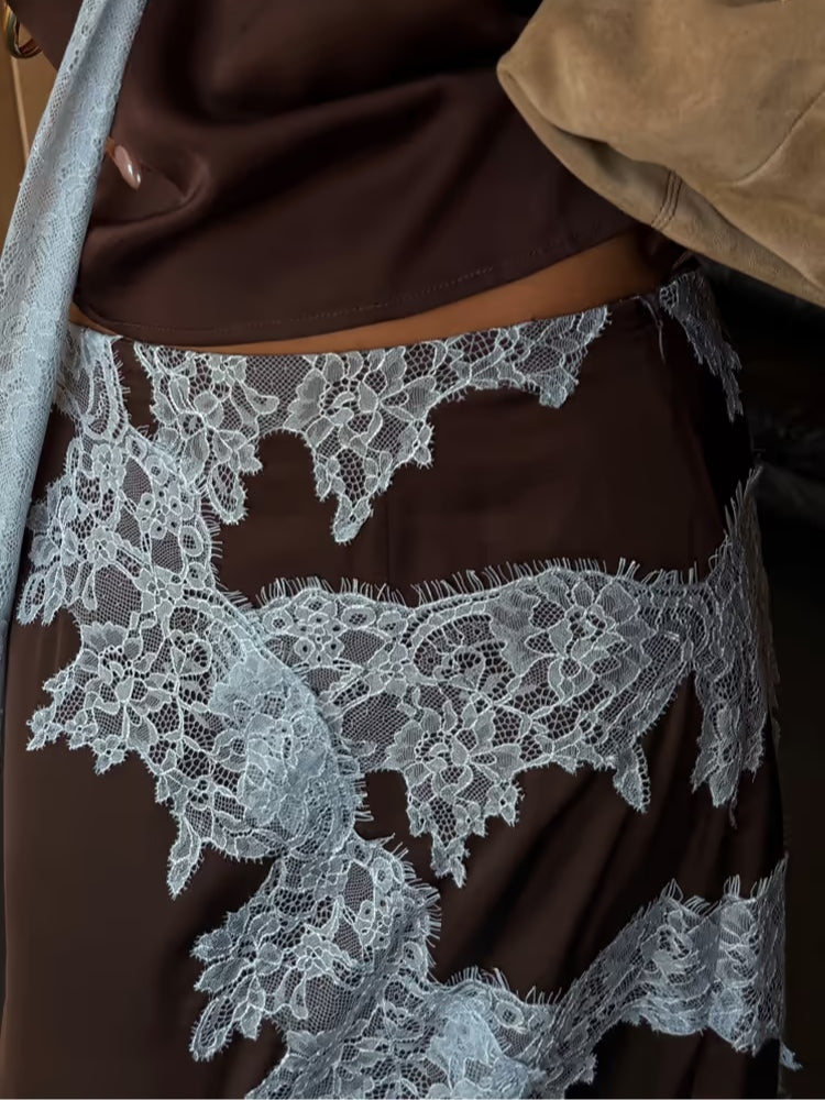 Elegant Brown Lace Maxi Dress for Women with Halter V Neck Sleeveless Contrast Trim Flowing Style