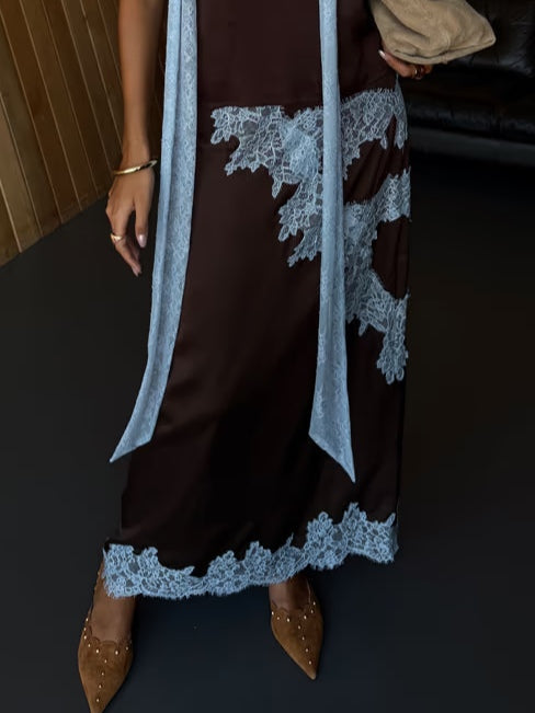 Elegant Brown Lace Maxi Dress for Women with Halter V Neck Sleeveless Contrast Trim Flowing Style