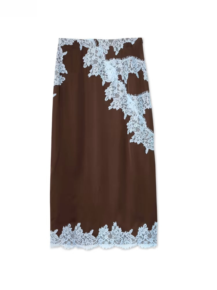 Elegant Brown Lace Maxi Dress for Women with Halter V Neck Sleeveless Contrast Trim Flowing Style