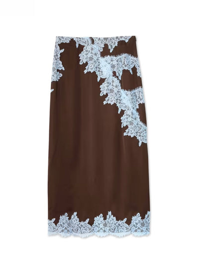Elegant Brown Lace Maxi Dress for Women with Halter V Neck Sleeveless Contrast Trim Flowing Style