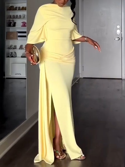 Elegant Yellow Maxi Dress for Women with High Neck Batwing Sleeve Backless Ruched Side Slit Formal Party Style