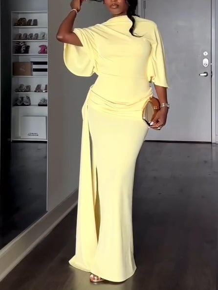 Elegant Yellow Maxi Dress for Women with High Neck Batwing Sleeve Backless Ruched Side Slit Formal Party Style