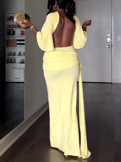 Elegant Yellow Maxi Dress for Women with High Neck Batwing Sleeve Backless Ruched Side Slit Formal Party Style