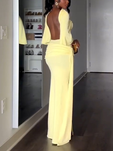 Elegant Yellow Maxi Dress for Women with High Neck Batwing Sleeve Backless Ruched Side Slit Formal Party Style