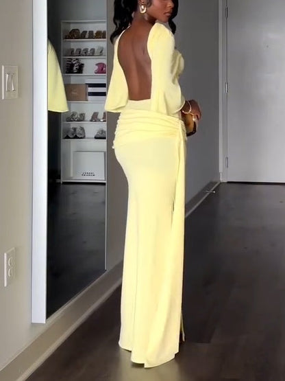 Elegant Yellow Maxi Dress for Women with High Neck Batwing Sleeve Backless Ruched Side Slit Formal Party Style