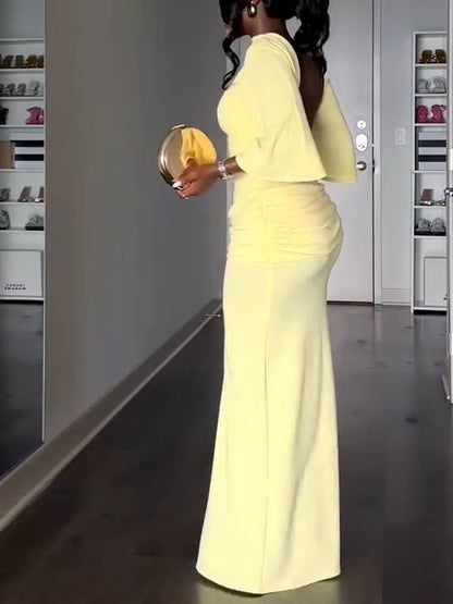 Elegant Yellow Maxi Dress for Women with High Neck Batwing Sleeve Backless Ruched Side Slit Formal Party Style