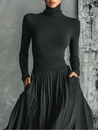 Elegant Black Pleated Two Piece Set for Women with Turtleneck Long Sleeve Maxi Skirt Flowing Style