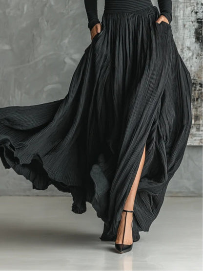 Elegant Black Pleated Two Piece Set for Women with Turtleneck Long Sleeve Maxi Skirt Flowing Style