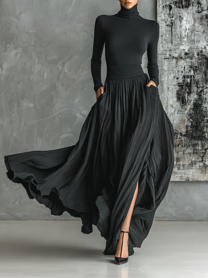 Elegant Black Pleated Two Piece Set for Women with Turtleneck Long Sleeve Maxi Skirt Flowing Style