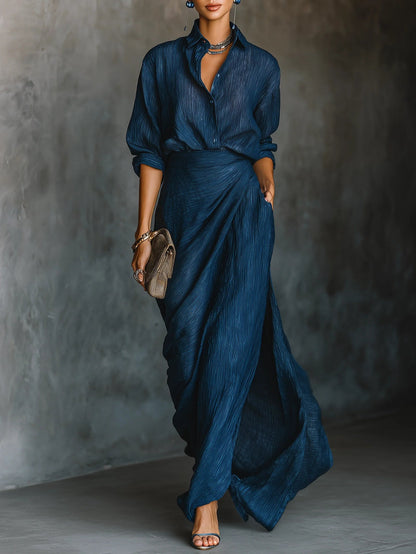 Elegant Dark Blue Two Piece Set for Women with Collar Long Sleeve Wrap Maxi Skirt Flowing Style
