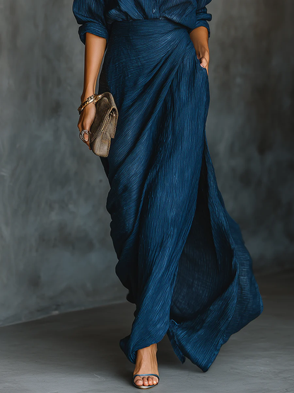 Elegant Dark Blue Two Piece Set for Women with Collar Long Sleeve Wrap Maxi Skirt Flowing Style
