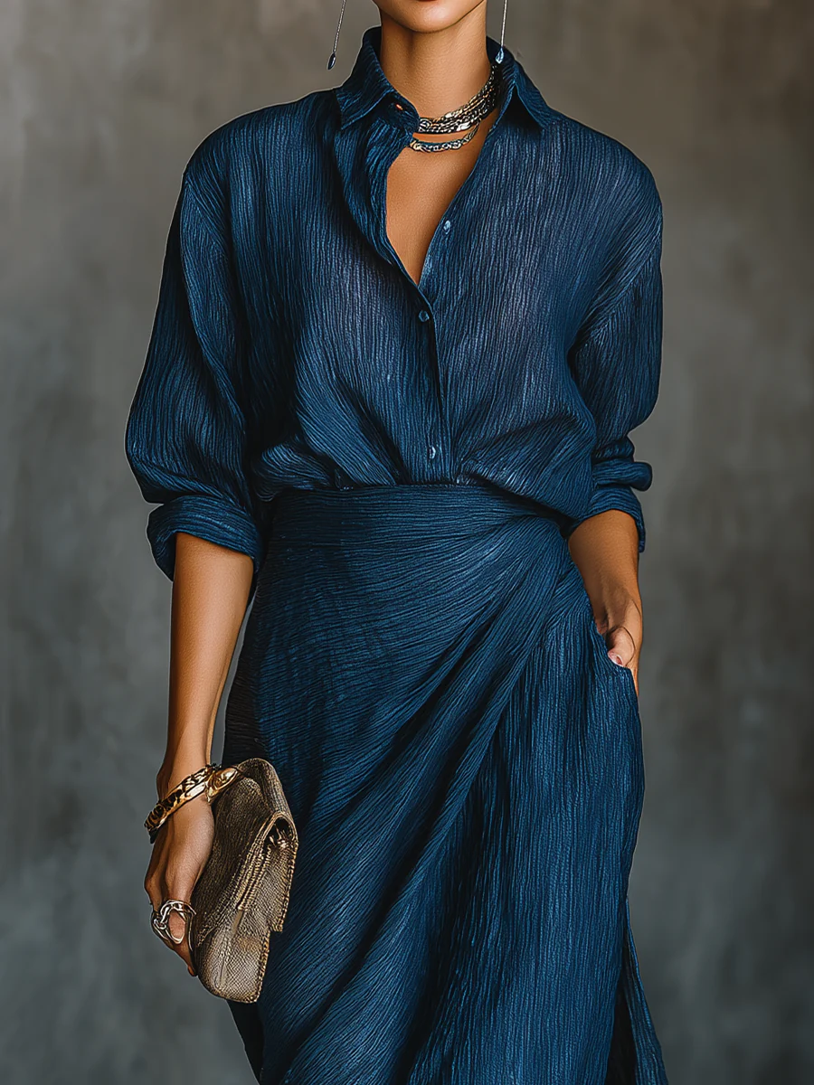 Elegant Dark Blue Two Piece Set for Women with Collar Long Sleeve Wrap Maxi Skirt Flowing Style