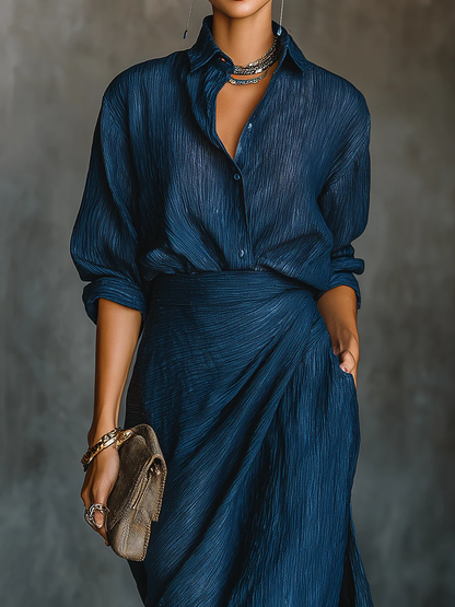Elegant Dark Blue Two Piece Set for Women with Collar Long Sleeve Wrap Maxi Skirt Flowing Style