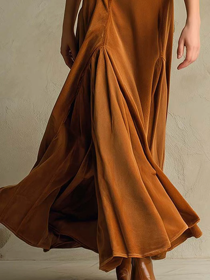 Elegant Velvet Maxi Dress for Women with Collar V Neck Elbow Sleeve Button Front Flowing Style