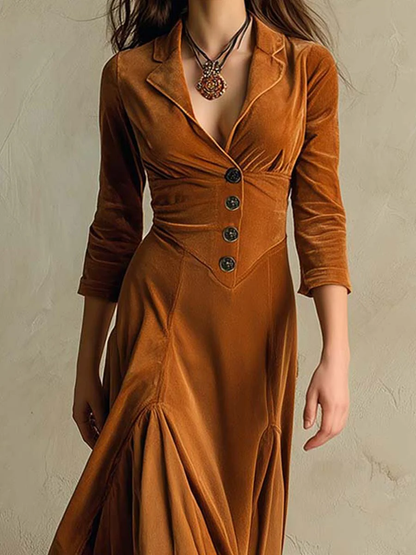 Elegant Velvet Maxi Dress for Women with Collar V Neck Elbow Sleeve Button Front Flowing Style