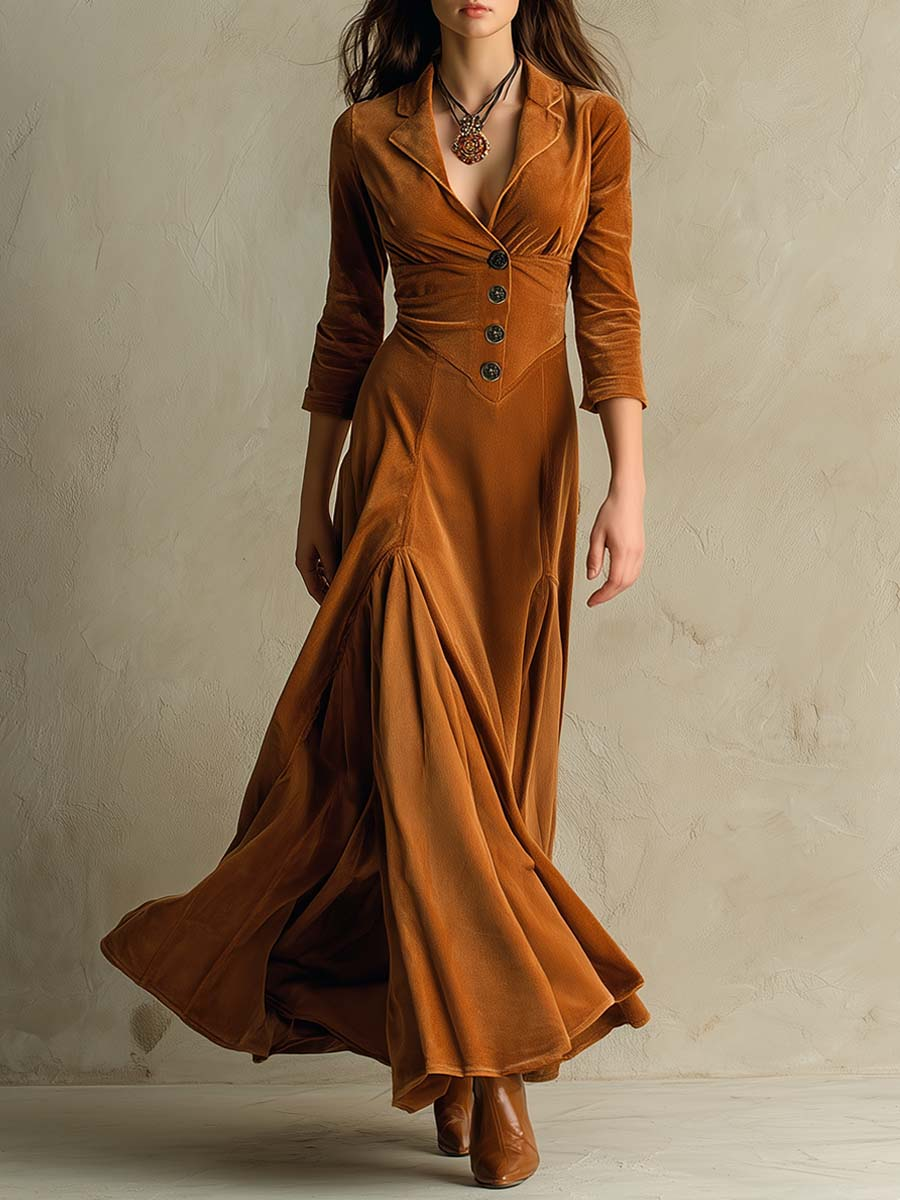 Elegant Velvet Maxi Dress for Women with Collar V Neck Elbow Sleeve Button Front Flowing Style