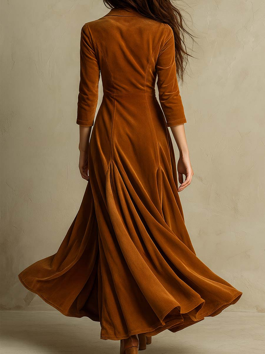 Elegant Velvet Maxi Dress for Women with Collar V Neck Elbow Sleeve Button Front Flowing Style