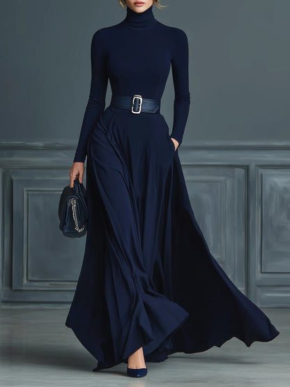 Elegant Dark Blue Maxi Dress for Women with Turtleneck Long Sleeve Belted Flowing Formal Style