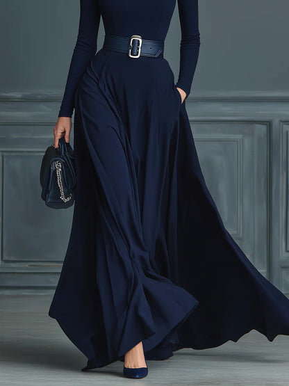 Elegant Dark Blue Maxi Dress for Women with Turtleneck Long Sleeve Belted Flowing Formal Style
