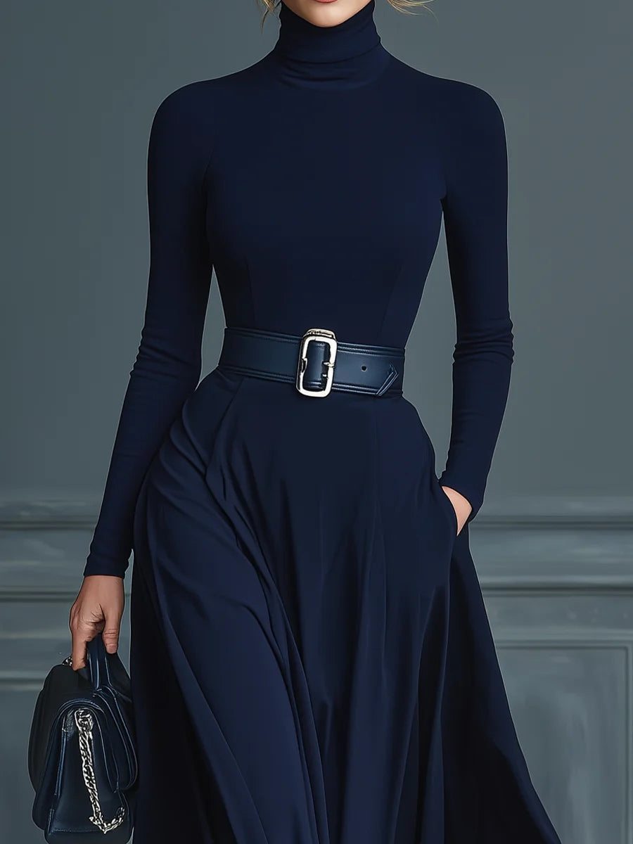 Elegant Dark Blue Maxi Dress for Women with Turtleneck Long Sleeve Belted Flowing Formal Style