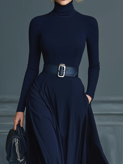 Elegant Dark Blue Maxi Dress for Women with Turtleneck Long Sleeve Belted Flowing Formal Style