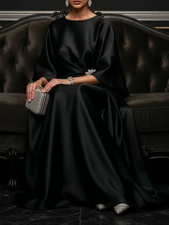 Elegant Satin Maxi Dress for Women with Round Neck Flutter Sleeve Draped Waist Formal Evening Style